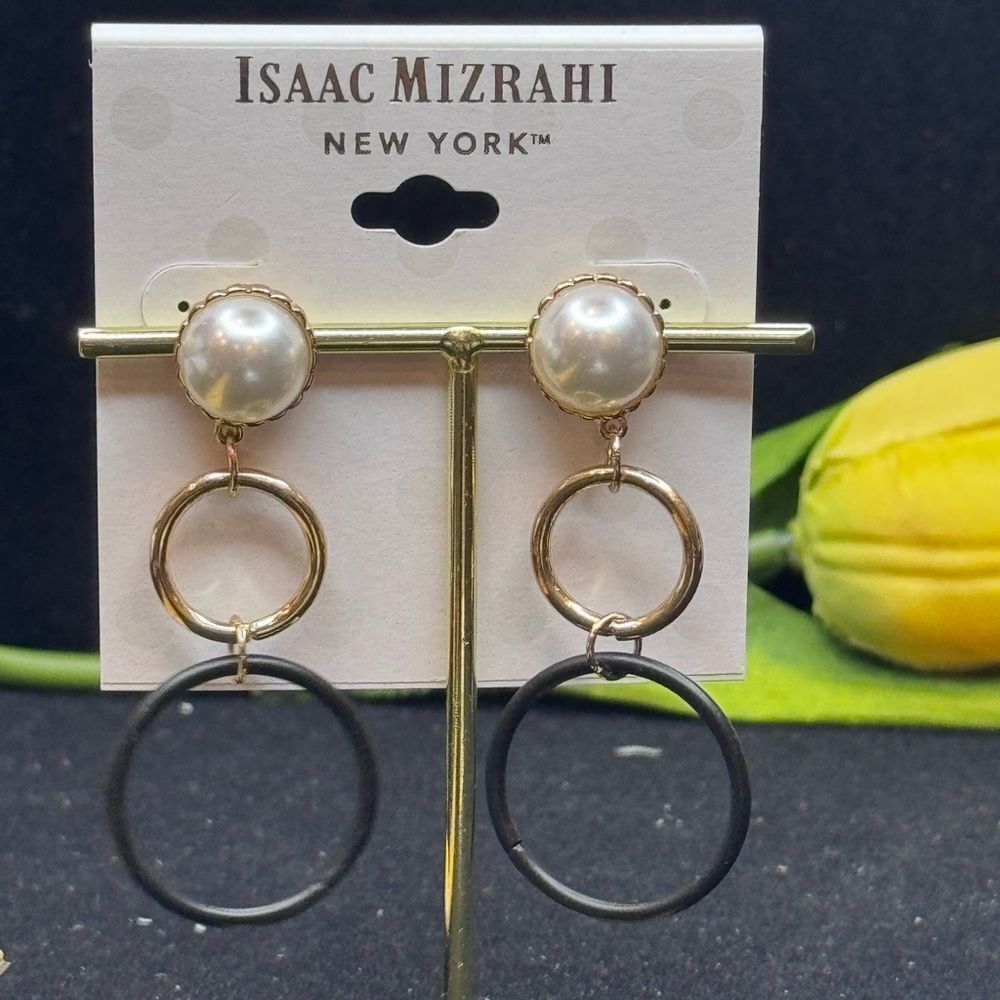 NWT Isaac Mizrahi Gold Tone Faux Pearl Black Ring Statement Drop Earrings 2.5"